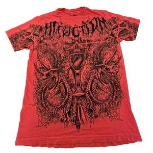 Affliction Shirt Mens Small Red Black Graphic Tee Crossbones Metal Band Tattoo